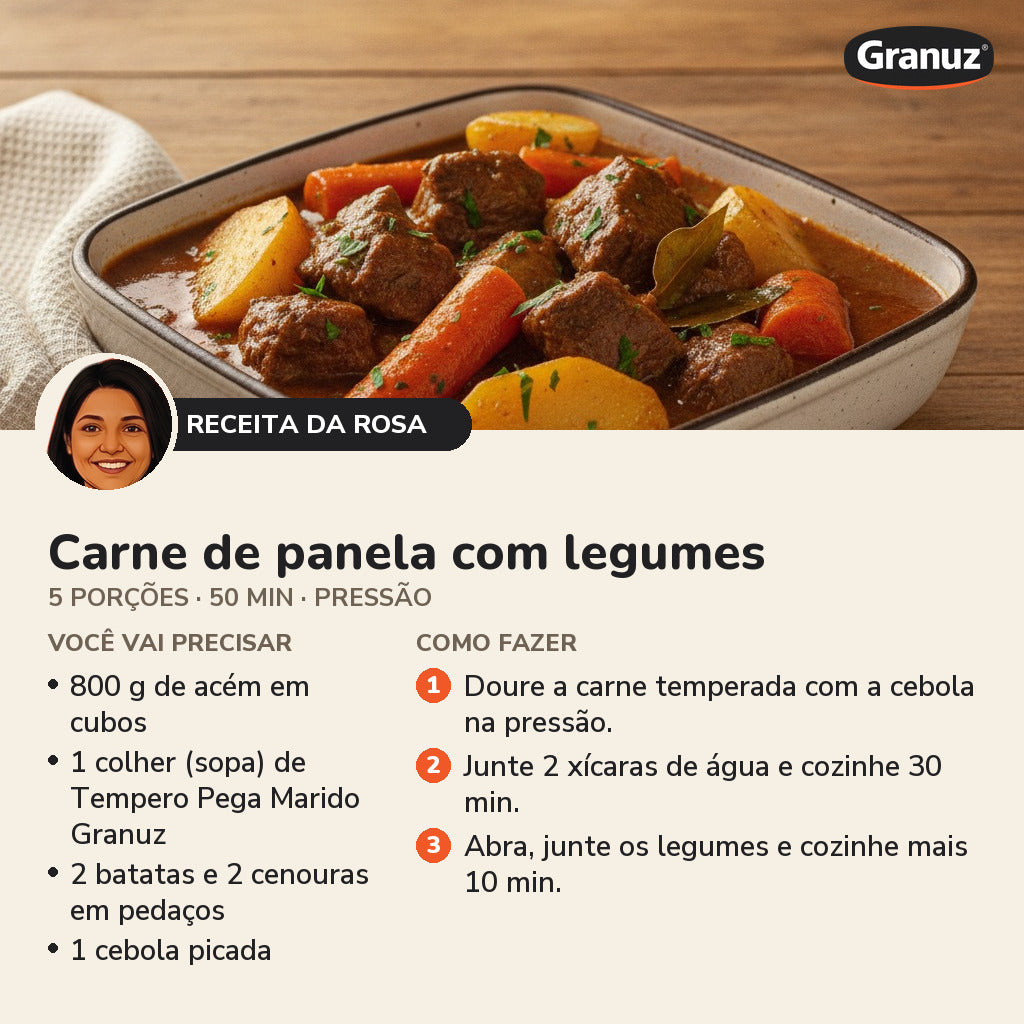 Receita da Rosa: Carne de panela com legumes (Tempero Pega Marido Granuz)
