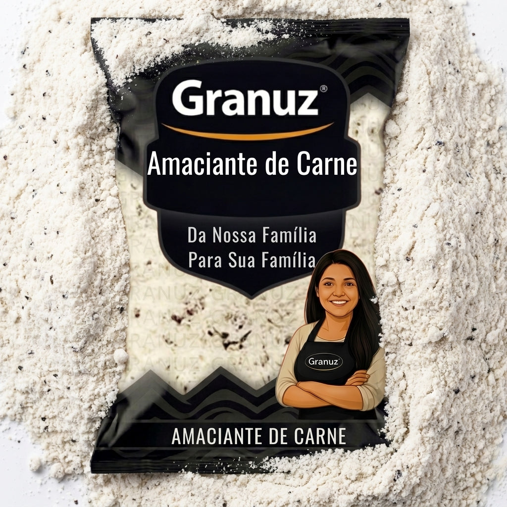 Embalagem e textura de Amaciante de Carne Granuz em destaque, imagem de destaque do artigo Amaciante de Carne