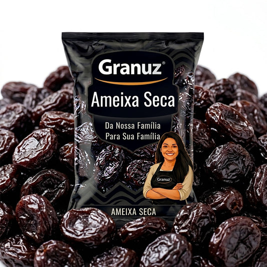 Embalagem e textura de Ameixa Seca sem Caroço Granuz em destaque, imagem de destaque do artigo Ameixa Seca sem Caroço