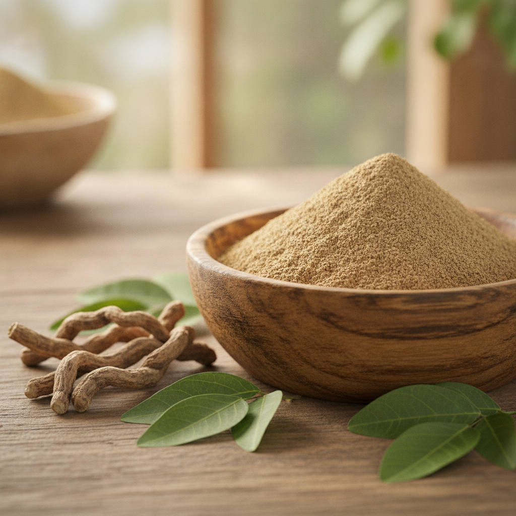 Close em detalhe de ashwagandha em pó em tigela de madeira, com raízes e folhas da planta.