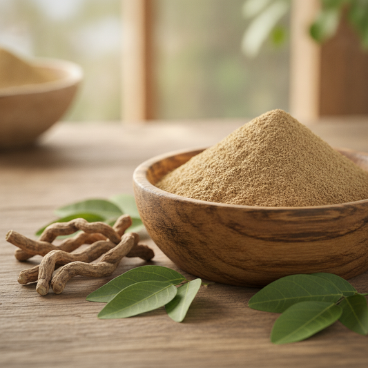 Close em detalhe de ashwagandha em pó em tigela de madeira, com raízes e folhas da planta.