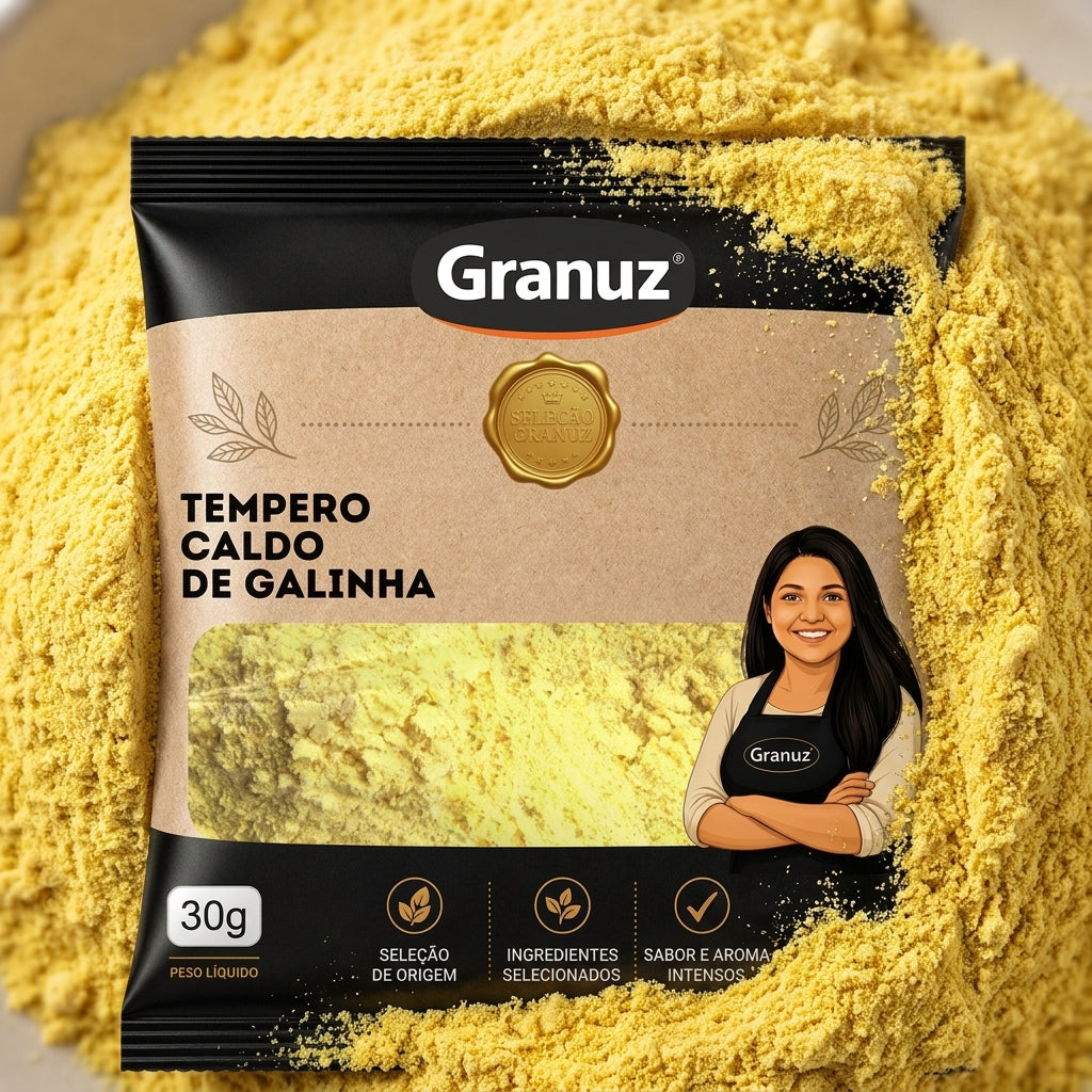 Embalagem e textura de Caldo de Galinha em Pó Granuz em destaque, imagem de destaque do artigo Caldo de Galinha