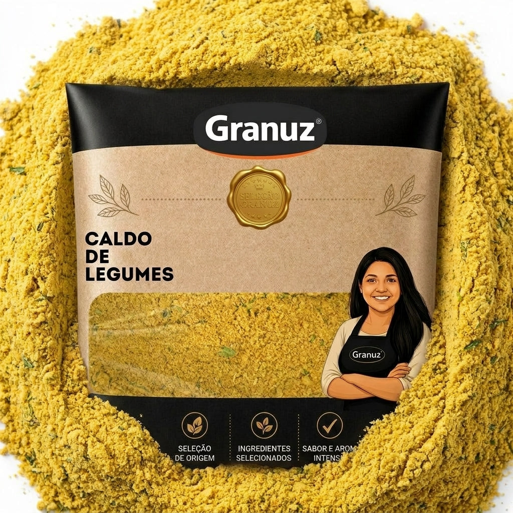 Embalagem e textura de Caldo de Legumes em Pó Granuz em destaque, imagem de destaque do artigo Caldo de Legumes