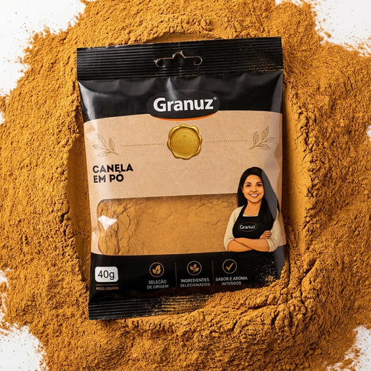 Embalagem e textura de Canela em Pó Granuz em destaque, imagem de destaque do artigo Canela em Pó