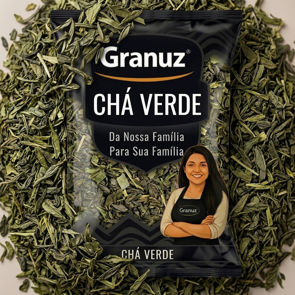 Embalagem e textura de Chá Verde Granuz em destaque, imagem de destaque do artigo Chá Verde