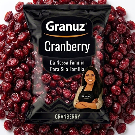 Embalagem e textura de Cranberry Desidratado Granuz em destaque, imagem de destaque do artigo Cranberry Desidratado