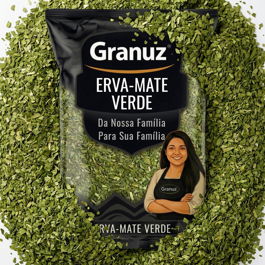 Embalagem e textura de Erva-Mate Verde Granuz em destaque, imagem de destaque do artigo Erva-Mate Verde