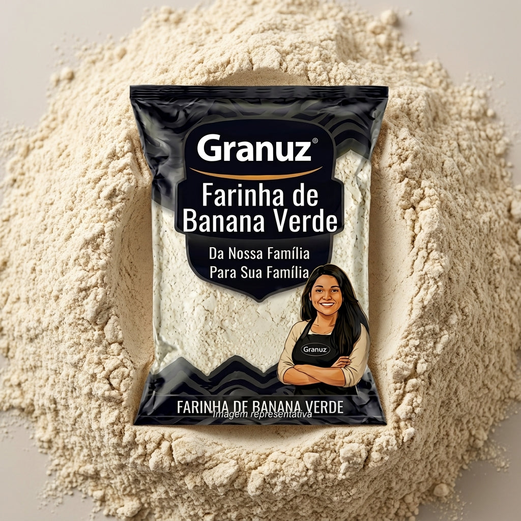 Embalagem e textura de Farinha de Banana Verde Granuz em destaque, imagem de destaque do artigo Farinha de Banana Verde