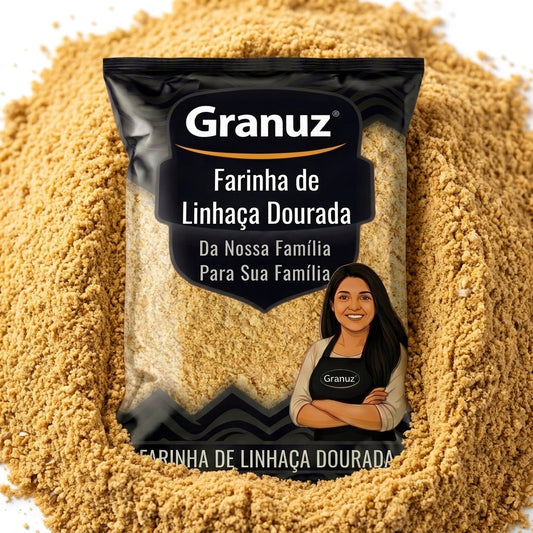 Embalagem e textura de Farinha de Linhaça Dourada Granuz em destaque, imagem de destaque do artigo Farinha de Linhaça Dourada