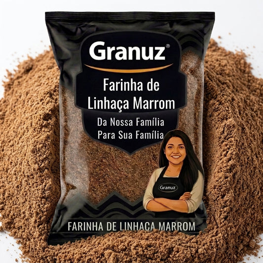 Embalagem e textura de Farinha de Linhaça Marrom Granuz em destaque, imagem de destaque do artigo Farinha de Linhaça Marrom