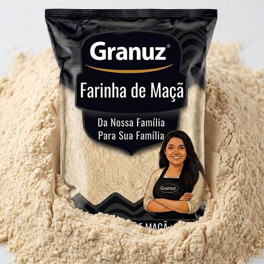 Embalagem e textura de Farinha de Maçã Granuz em destaque, imagem de destaque do artigo Farinha de Maçã
