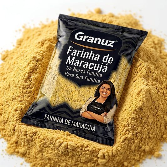 Embalagem e textura de Farinha de Maracujá Granuz em destaque, imagem de destaque do artigo Farinha de Maracujá