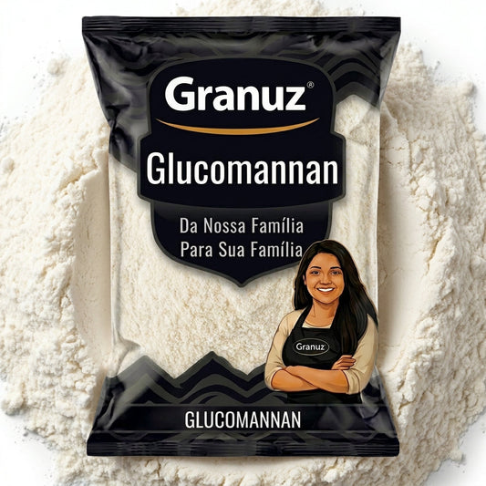Embalagem e textura de Glucomannan Granuz em destaque, imagem de destaque do artigo Glucomannan na Cozinha