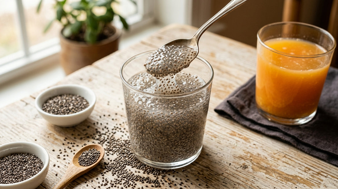 Copo de chia hidratada com gel formado e sementes, a forma certa de tomar chia