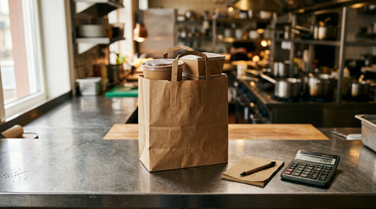 Sacola de delivery e calculadora na bancada de restaurante, ilustrando as taxas e comissões do iFood