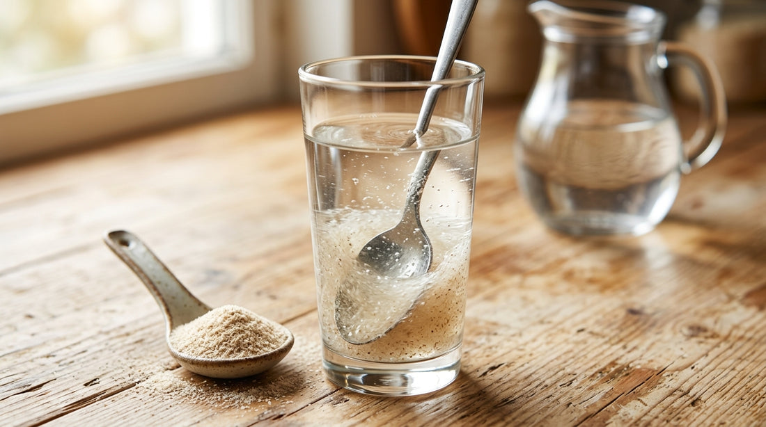 Copo de água com psyllium e colher do pó, o preparo certo com 200 a 300 ml