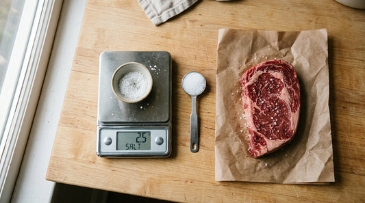 Balança de cozinha com sal e corte de carne, a conta de 15 a 20 gramas de sal por quilo