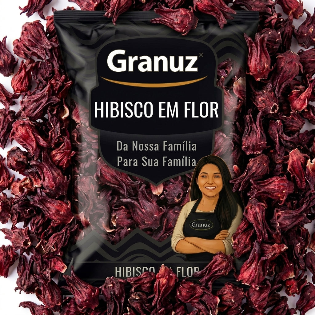 Embalagem e textura de Chá de Hibisco Granuz em destaque, imagem de destaque do artigo Chá de Hibisco