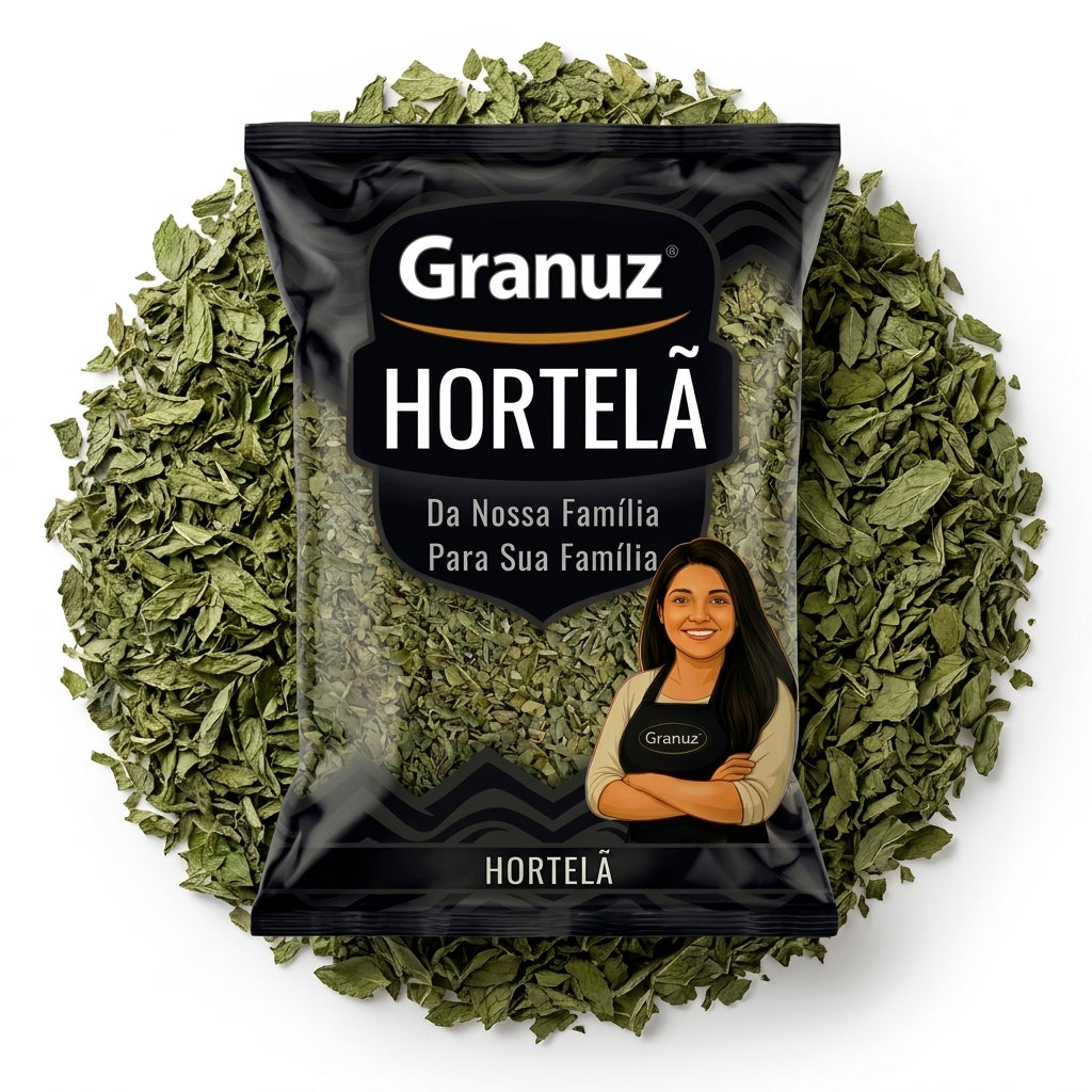 Embalagem e textura de Chá de Hortelã Granuz em destaque, imagem de destaque do artigo Chá de Hortelã