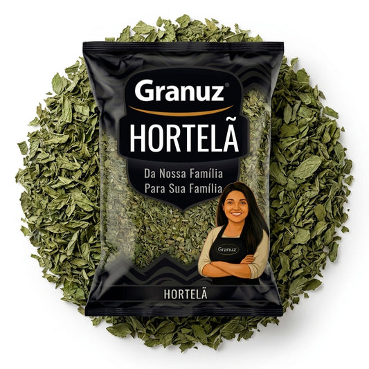Embalagem e textura de Chá de Hortelã Granuz em destaque, imagem de destaque do artigo Chá de Hortelã