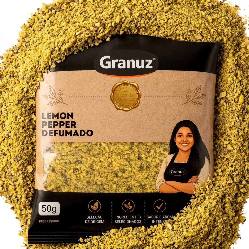 Embalagem e textura de Lemon Pepper Defumado Granuz em destaque, imagem de destaque do artigo Lemon Pepper Defumado