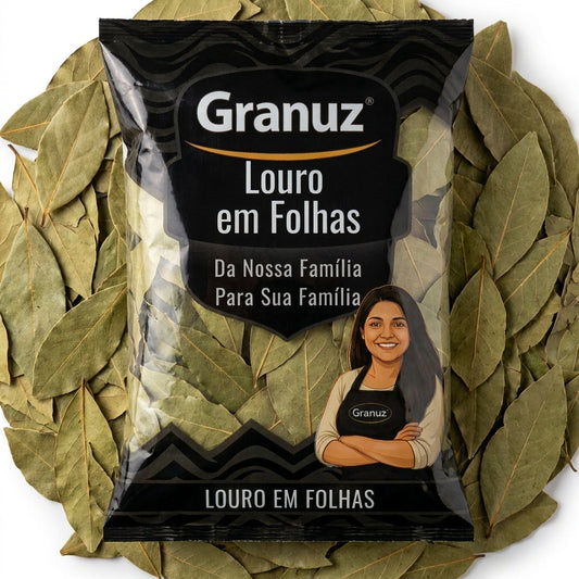 Embalagem e textura de Louro em Folhas Granuz em destaque, imagem de destaque do artigo Louro em Folhas