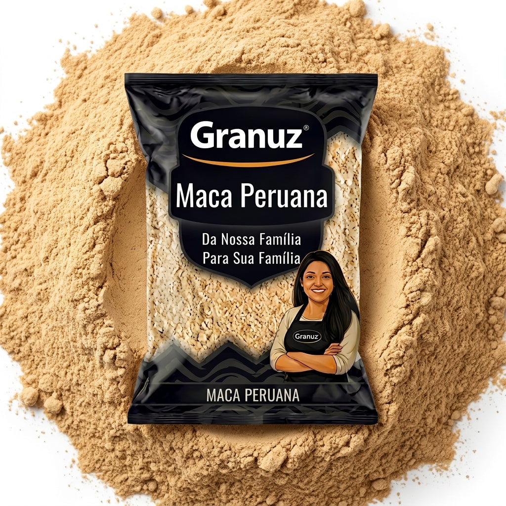 Embalagem e textura de Maca Peruana em Pó Granuz em destaque, imagem de destaque do artigo Maca Peruana em Pó