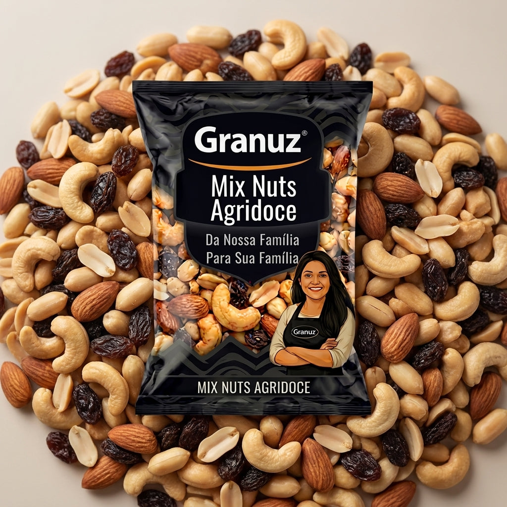 Embalagem e textura de Mix Nuts Castanhas Agridoce Granuz em destaque, imagem de destaque do artigo Mix Nuts Agridoce