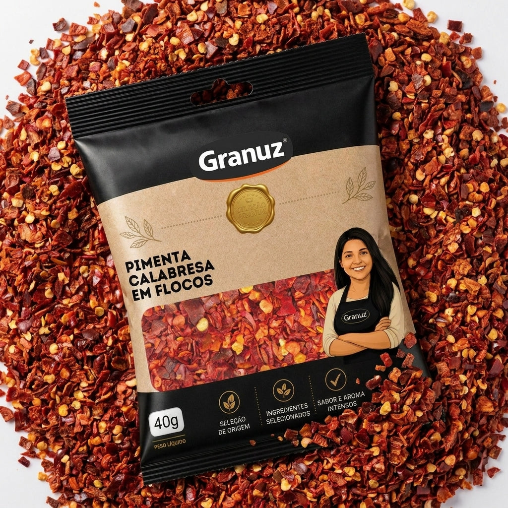 Embalagem e textura de Pimenta Calabresa em Flocos Granuz em destaque, imagem de destaque do artigo Pimenta Calabresa em Flocos
