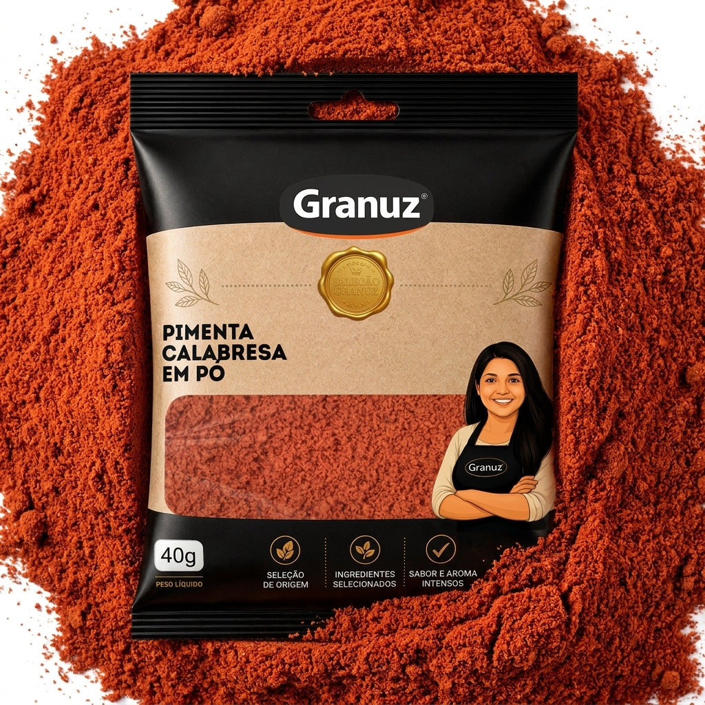 Embalagem e textura de Pimenta Calabresa Moída Granuz em destaque, imagem de destaque do artigo Pimenta Calabresa Moída