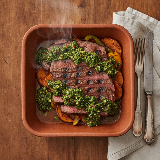 Prato preparado com Chimichurri Sem Sódio Granuz servido à mesa, imagem de destaque do artigo Chimichurri Sem Sódio