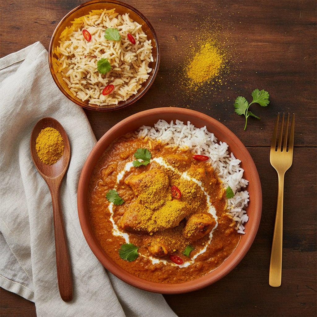 Prato preparado com Curry em Pó Granuz servido à mesa, imagem de destaque do artigo Curry ou Tempero Baiano