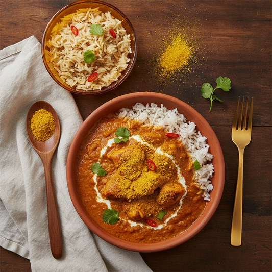 Prato preparado com Curry em Pó Granuz servido à mesa, imagem de destaque do artigo Curry ou Tempero Baiano