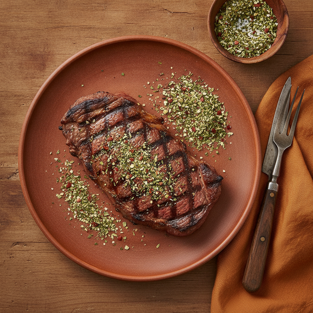 Prato preparado com Chimichurri Premium Granuz servido à mesa, imagem de destaque do artigo Chimichurri Premium
