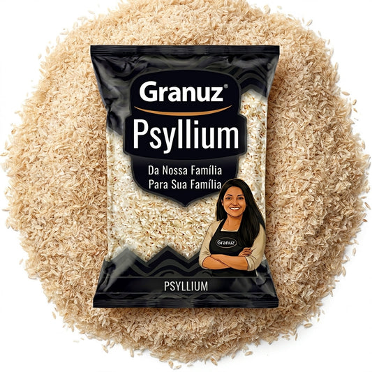 Embalagem e textura de Psyllium Granuz em destaque, imagem de destaque do artigo Psyllium na Massa