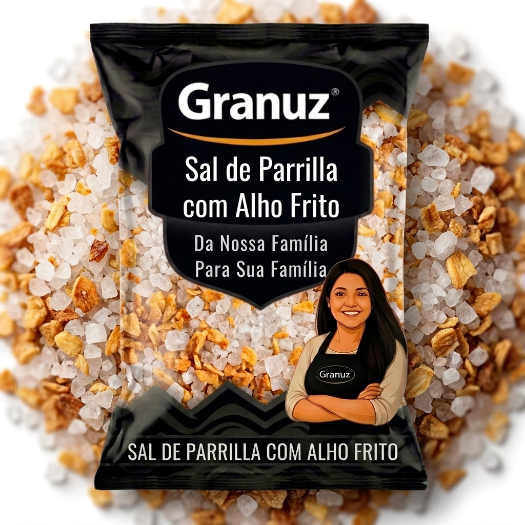 Embalagem e textura de Sal de Parrilla com Alho Frito Granuz em destaque, imagem de destaque do artigo Sal de