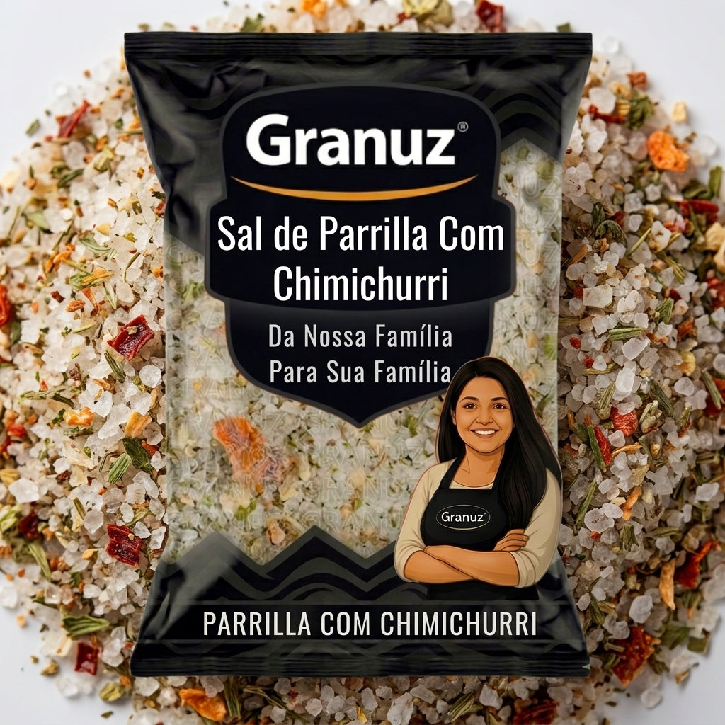 Embalagem e textura de Sal de Parrilla com Chimichurri Granuz em destaque, imagem de destaque do artigo Sal de Parrilla
