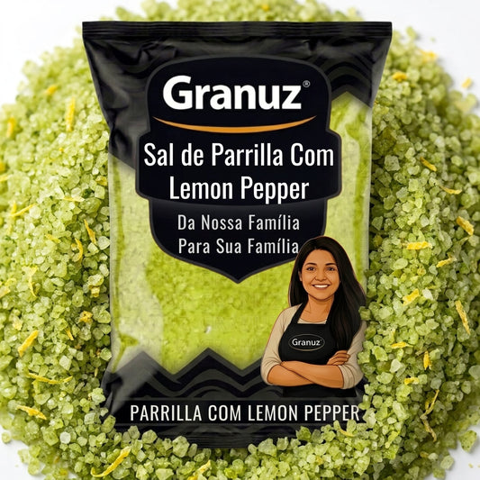 Embalagem e textura de Sal de Parrilla com Lemon Pepper Granuz em destaque, imagem de destaque do artigo Sal de