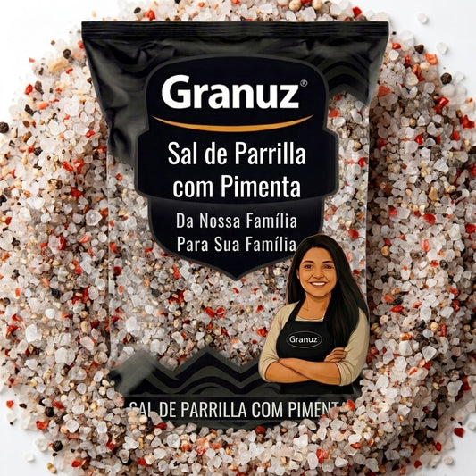Embalagem e textura de Sal de Parrilla com Pimenta Granuz em destaque, imagem de destaque do artigo Sal de Parrilla