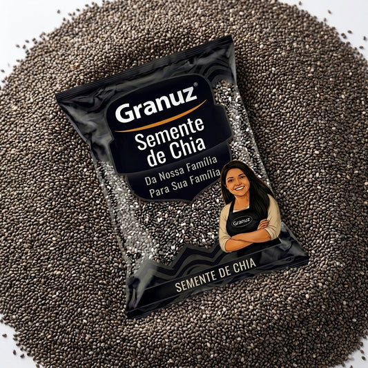 Embalagem e textura de Semente de Chia Granuz em destaque, imagem de destaque do artigo Semente de Chia