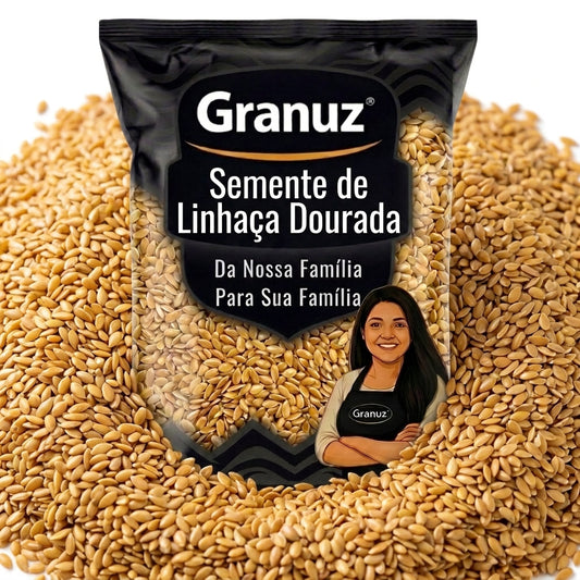 Embalagem e textura de Semente de Linhaça Dourada Granuz em destaque, imagem de destaque do artigo Semente de Linhaça Dourada