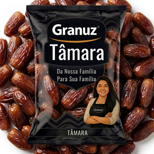 Embalagem e textura de Tâmara Super Jumbo com Caroço Granuz em destaque, imagem de destaque do artigo Tâmara Super Jumbo
