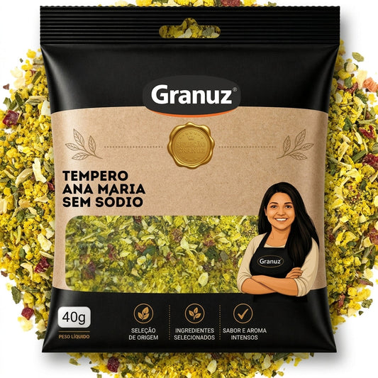 Embalagem e textura de Tempero Ana Maria Sem Sódio Granuz em destaque, imagem de destaque do artigo Tempero Ana Maria