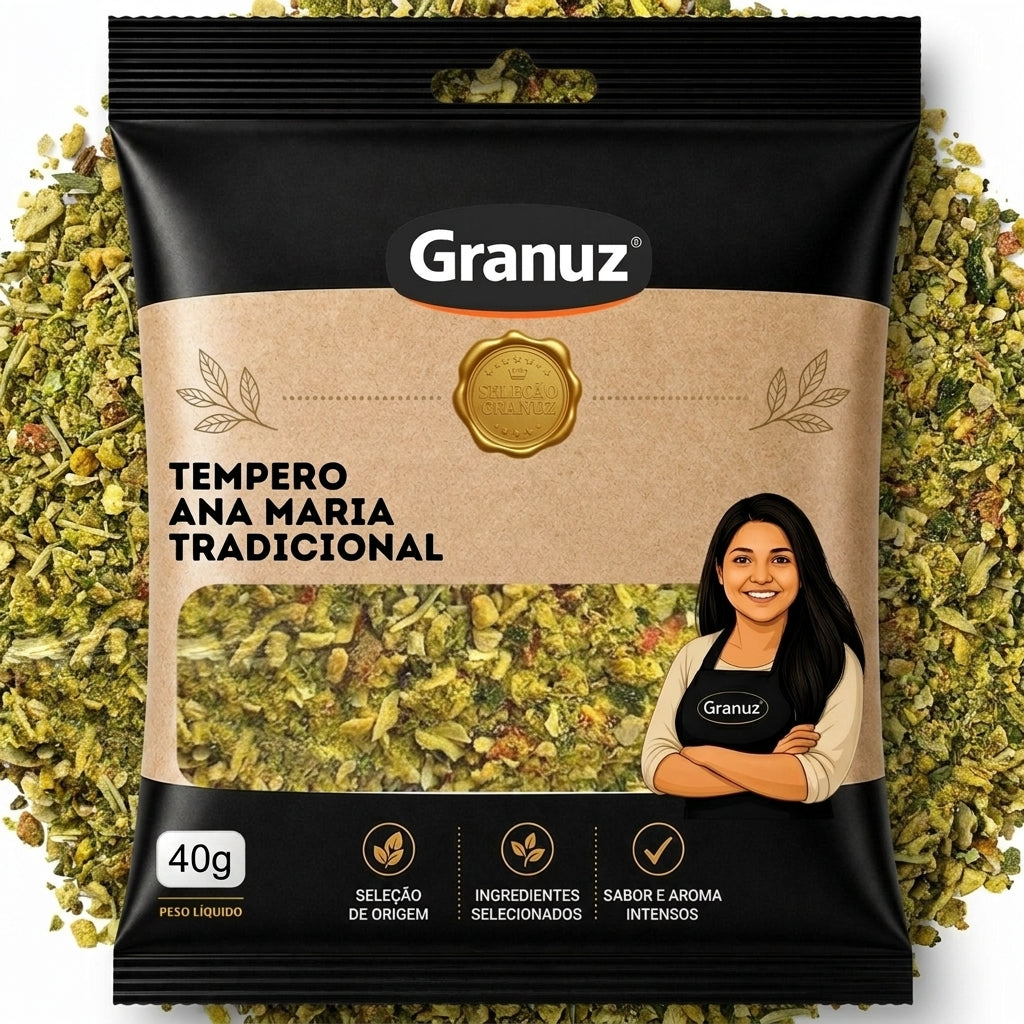 Embalagem e textura de Tempero Ana Maria Tradicional Granuz em destaque, imagem de destaque do artigo Tempero Ana Maria Tradicional