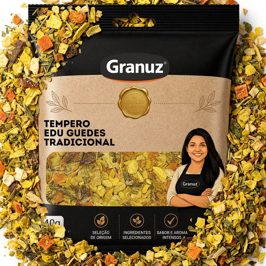Embalagem e textura de Tempero Edu Guedes Tradicional Granuz em destaque, imagem de destaque do artigo Tempero Edu Guedes Tradicional