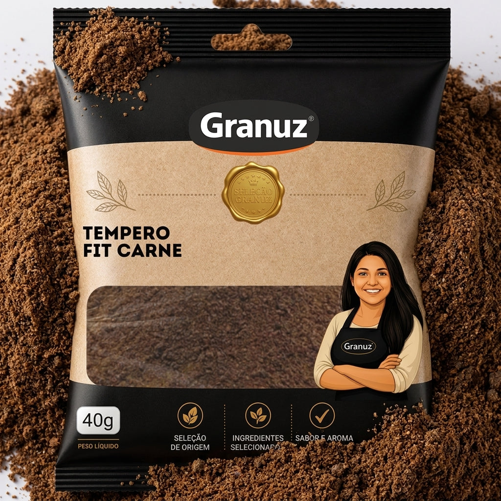 Embalagem e textura de Tempero Fit Carne Granuz em destaque, imagem de destaque do artigo Tempero Fit Carne