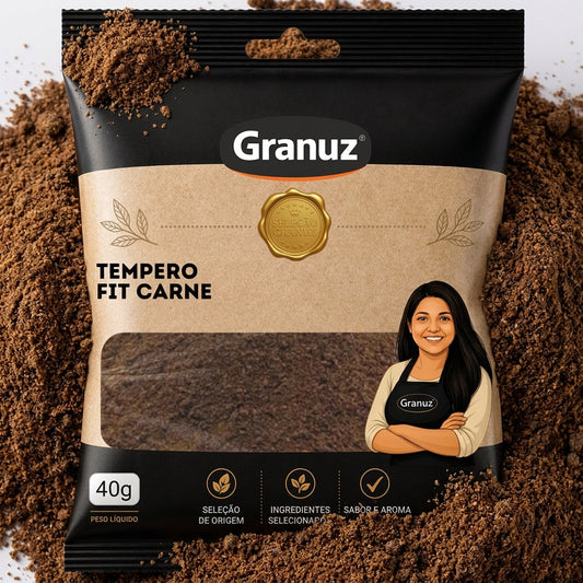 Embalagem e textura de Tempero Fit Carne Granuz em destaque, imagem de destaque do artigo Tempero Fit Carne
