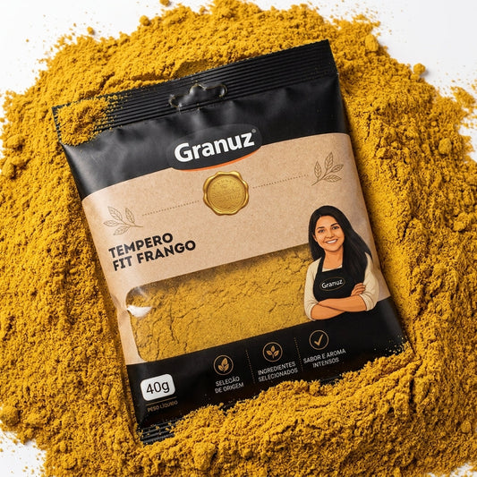 Embalagem e textura de Tempero Fit Frango Granuz em destaque, imagem de destaque do artigo Tempero Fit Frango