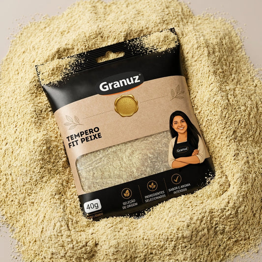 Embalagem e textura de Tempero Fit Peixe Granuz em destaque, imagem de destaque do artigo Tempero Fit Peixe