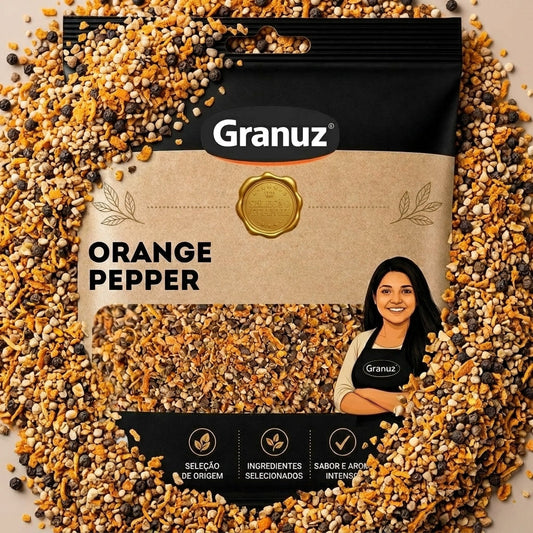 Embalagem e textura de Tempero Orange Pepper Granuz em destaque, imagem de destaque do artigo Orange Pepper